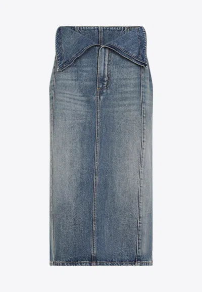 ALEXANDER MCQUEEN FOLD OVER WAIST MIDI DENIM SKIRT
