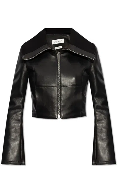 Alexander Mcqueen Folded-collar Leather Jacket In Black
