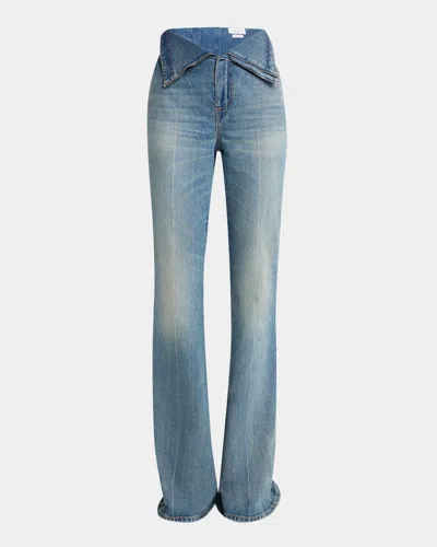 Alexander Mcqueen Foldover-waist Denim Flare Trousers In Indigoivy