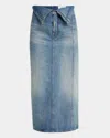 Alexander Mcqueen Blue Fold Over Waist Denim Midi Skirt In Indigoivy