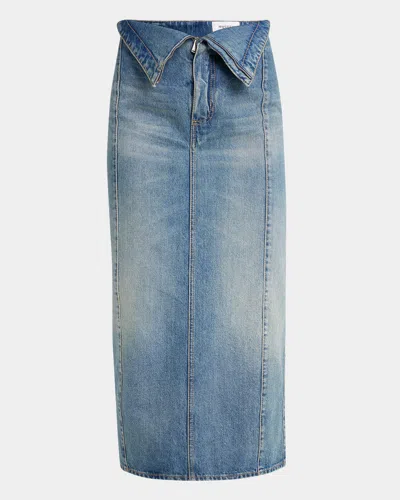 Alexander Mcqueen Foldover-waist Midi Denim Skirt In Indigoivy