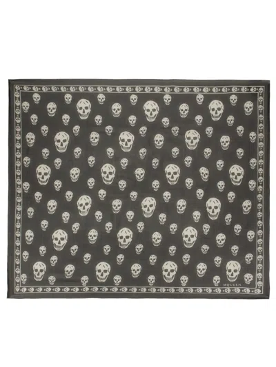 Alexander Mcqueen Mcqueen Skull Print Wool Fringe Scarf In Black