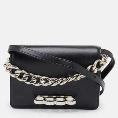 Pre-owned Alexander Mcqueen Four Ring Black Leather Flap Shoulder Bag
