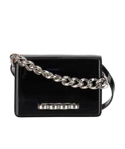 Alexander Mcqueen Four Ring Patent-leather Tote Bag In Black
