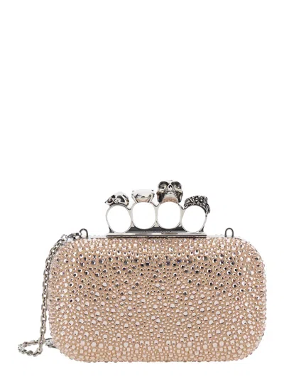 ALEXANDER MCQUEEN FOUR RING PINK CLUTCH WITH SKULL-SHAPED STUDS AND ALL-OVER RHINESTONE APPLICATION IN LEATHER WOMAN