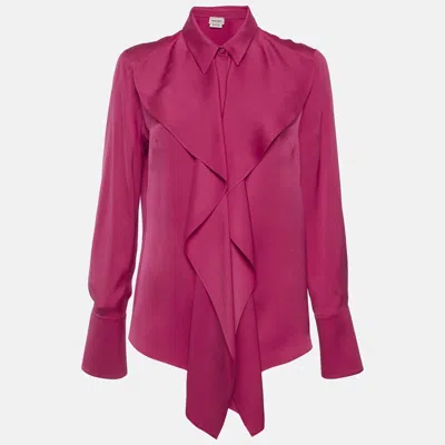 Pre-owned Alexander Mcqueen Fuchsia Satin Silk Ruffled Shirt M In Pink