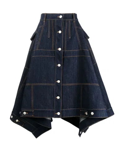 Alexander Mcqueen Full Denim Midi Skirt In Blue