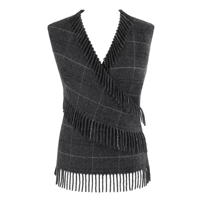 Pre-owned Alexander Mcqueen F/w 1999 Gray Wool Plaid Wrap Fringe Sleeveless Vest Knit Top