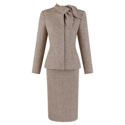 Pre-owned Alexander Mcqueen F/w 2004 Beige Metallic Tweed Tie Neck Blazer & Skirt 2pc Suit In Brown