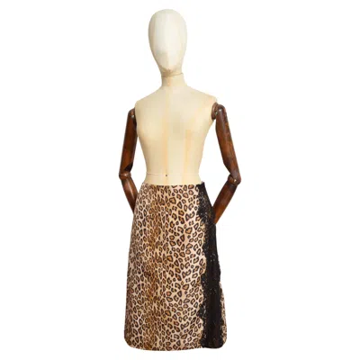 Pre-owned Alexander Mcqueen F/w 2005  Leopard Print Silk Taffeta & Lace Pencil Skirt In Sand