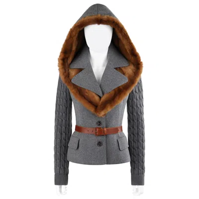 Pre-owned Alexander Mcqueen F/w 2005 Gray Brown Mink Fur Removable Hood Belted Jacket Coat