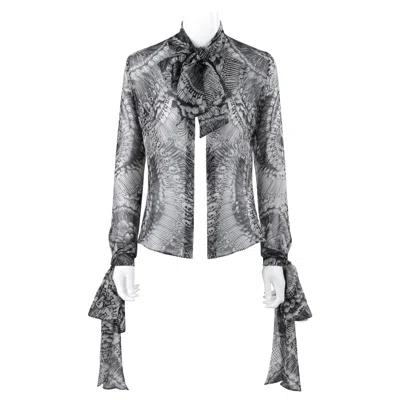 Pre-owned Alexander Mcqueen F/w 2010 Black White Skull Silk Chiffon Bow Collar Cuff Blouse