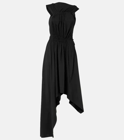 Alexander Mcqueen Gathered Asymmetric Cotton Jersey Midi Dress In Black