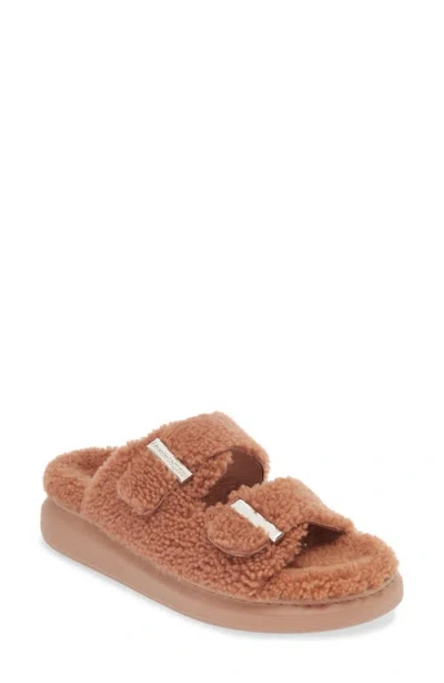 Alexander Mcqueen Genuine Shearling Double Band Slide Sandal In Poppy Red/pink