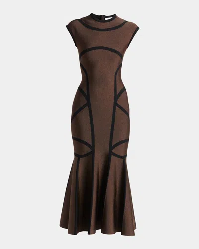 Alexander Mcqueen Geometric Trumpet Midi Dress In Brown