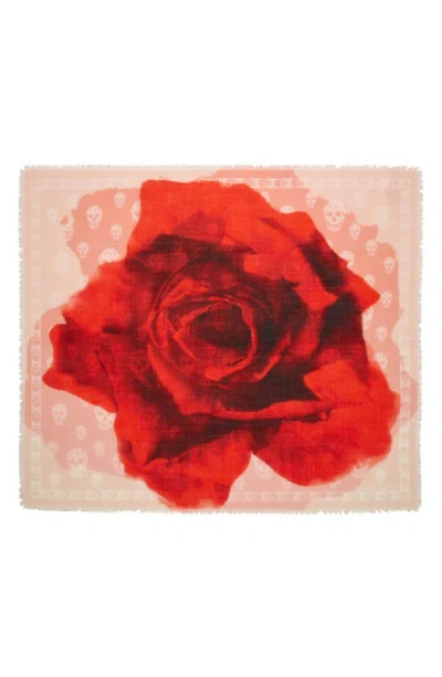 Alexander Mcqueen Giant Rose Wool Scarf In Powder/ Red