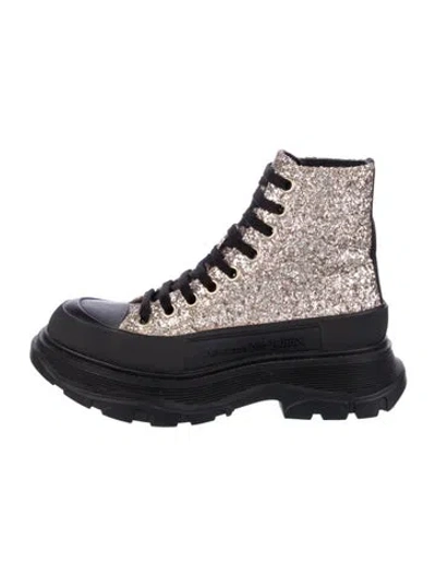 Pre-owned Alexander Mcqueen Glitter Colorblock Pattern Combat Boots In Black