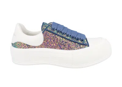 Pre-owned Alexander Mcqueen Glitter Lowtop Sneakers (women's)in Petrol Blue/white