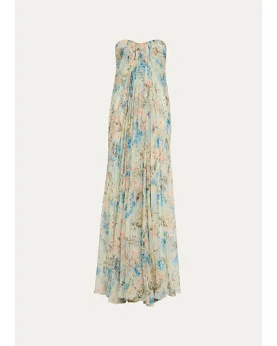 Alexander Mcqueen Goddess Floral Draped Bustier Strapless Silk Maxi Dress In Blue
