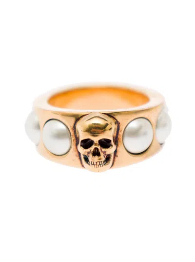 Alexander Mcqueen Antique Gold-tone Ring With Skull And Pearl Embellishment In Brass In Golden