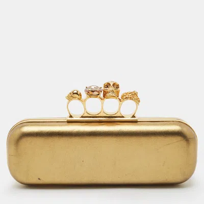 Pre-owned Alexander Mcqueen Gold Leather Skull Crystals Knuckle Box Clutch