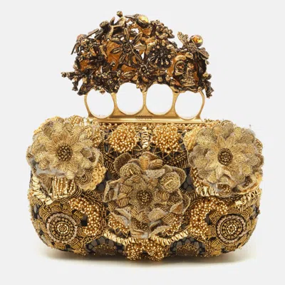 Pre-owned Alexander Mcqueen Gold Rosa Seta Knuckle Duster Box Clutch