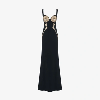 Alexander Mcqueen Gold Rose Embroidery Evening Dress In Black