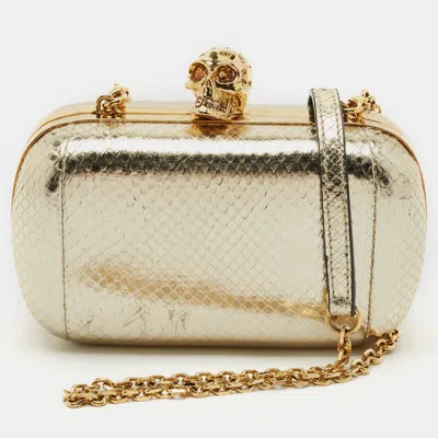 Pre-owned Alexander Mcqueen Gold Snakeskin Embossed Leather Skull Box Clutch Bag