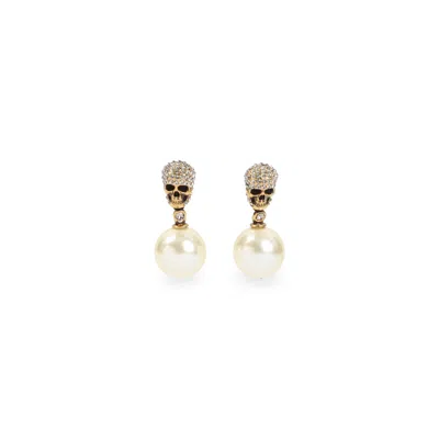 Alexander Mcqueen Gold Tone Skull Pearl Crystal Earrings In Neutral