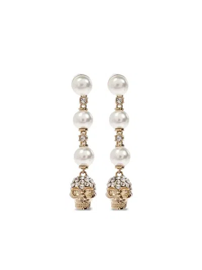 ALEXANDER MCQUEEN WOMEN GOLDEN CRYSTAL SKULL DROP EARINGS, ONESIZE LUXURY EARRINGS FOR WOMEN DARVEYS