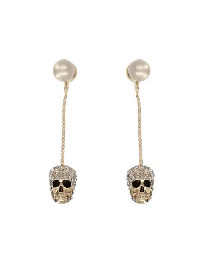 Alexander Mcqueen Skull Motif Drop Earrings Crystal Pearls In Silver