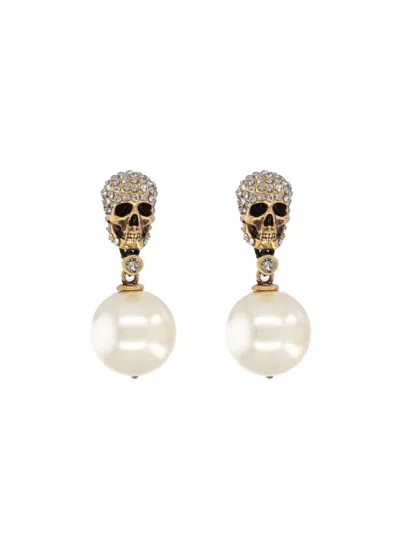 Alexander Mcqueen Crystal Skull Drop Earrings Pearl Detail In Gold