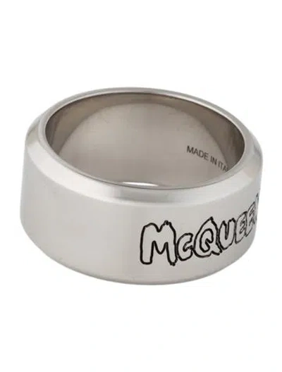 Pre-owned Alexander Mcqueen Graffiti Band Ring In Black