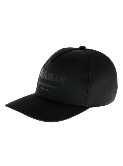 ALEXANDER MCQUEEN ALEXANDER MCQUEEN MEN GRAFFITI BLACK POLYFAILLE HAT WITH LOGO ALEXANDER MCQUEEN MAN
