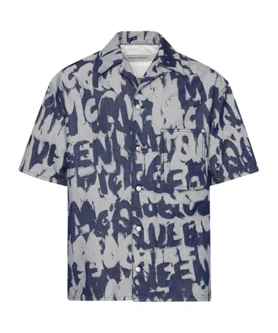 Alexander Mcqueen Graffiti Hawaiian Denim Shirt In Gray