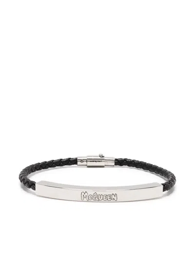 Alexander Mcqueen Graffiti Leather-braided Bracelet In Schwarz