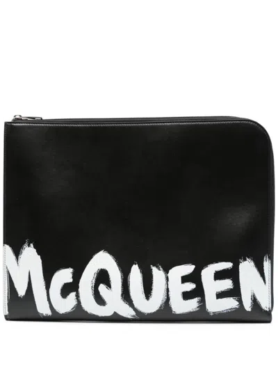 Alexander Mcqueen Graffiti Leather Pouch In Black