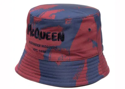 Pre-owned Alexander Mcqueen Graffiti Logo Bucket Hat In Navy Blue/red