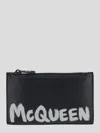 Alexander Mcqueen Black Leather Zipped Card Holder With Logo In Black/white