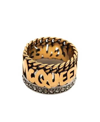 Alexander Mcqueen Graffiti-logo Chunky Ring In Yellow