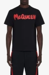 Alexander Mcqueen Graffiti Logo Crewneck T-shirt In Black / Red