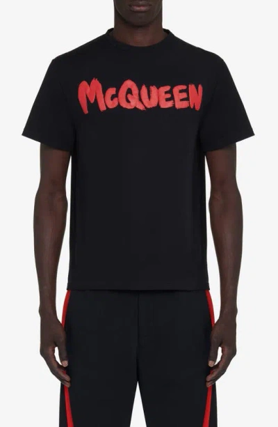 Alexander Mcqueen Graffiti Logo Graphic T-shirt In Black / Red