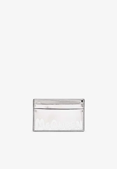 Alexander Mcqueen Graffiti Logo Metallic Cardholder In Gray