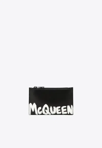 Alexander Mcqueen Graffiti Logo Print Leather Cardholder In Black