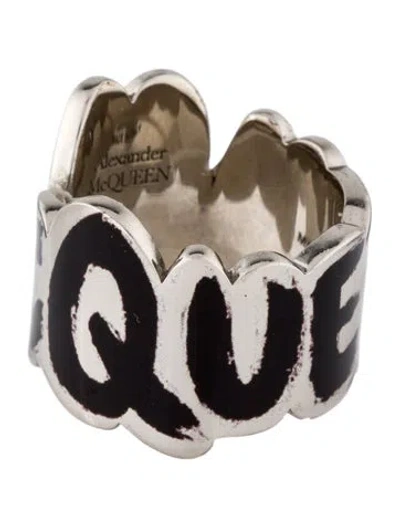 Pre-owned Alexander Mcqueen Graffiti Logo Ring In Black