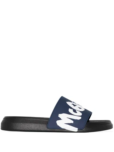 Alexander Mcqueen Graffiti-logo Slip-on Slides In Navy Blue