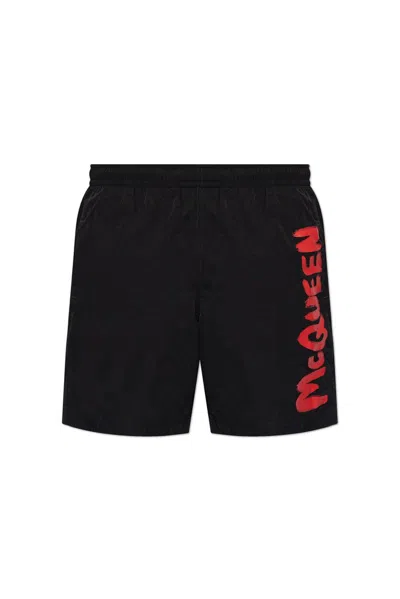 Alexander Mcqueen Graffiti Logo Swim Shorts In Black