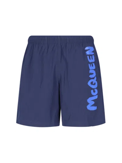 Alexander Mcqueen Graffiti Logo Swim Shorts In Blue