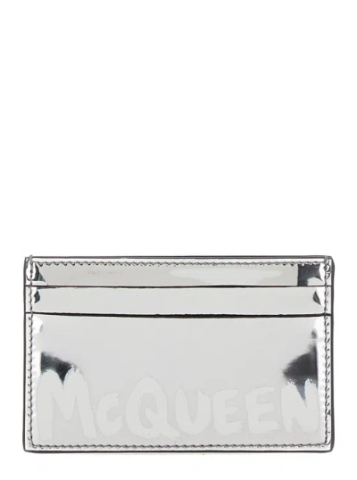 Alexander Mcqueen Graffiti Mcqueen' Silver Card-holder With Print In Laminated Leather