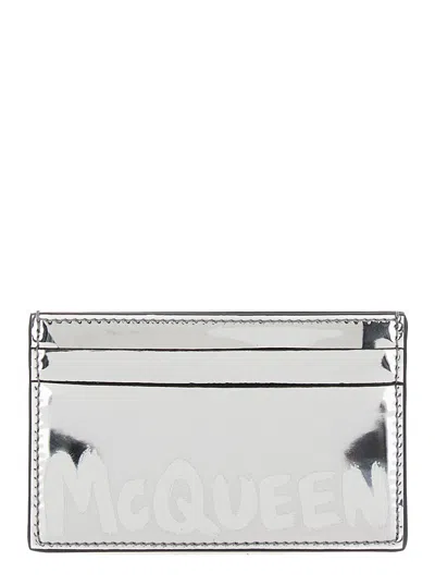 Alexander Mcqueen 'graffiti Mcqueen' Silver Card-holder With Print In Laminated Leather Man